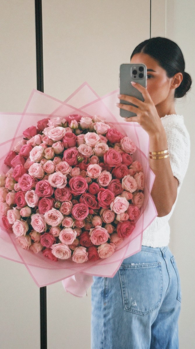 Mirror Selfie with a Bouquet of Pink Roses output 2