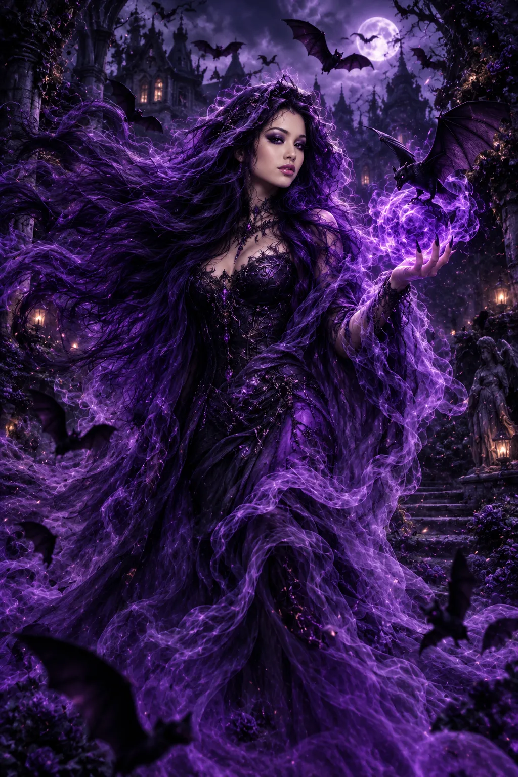 Purple Smoke Sorceress in a Gothic Garden