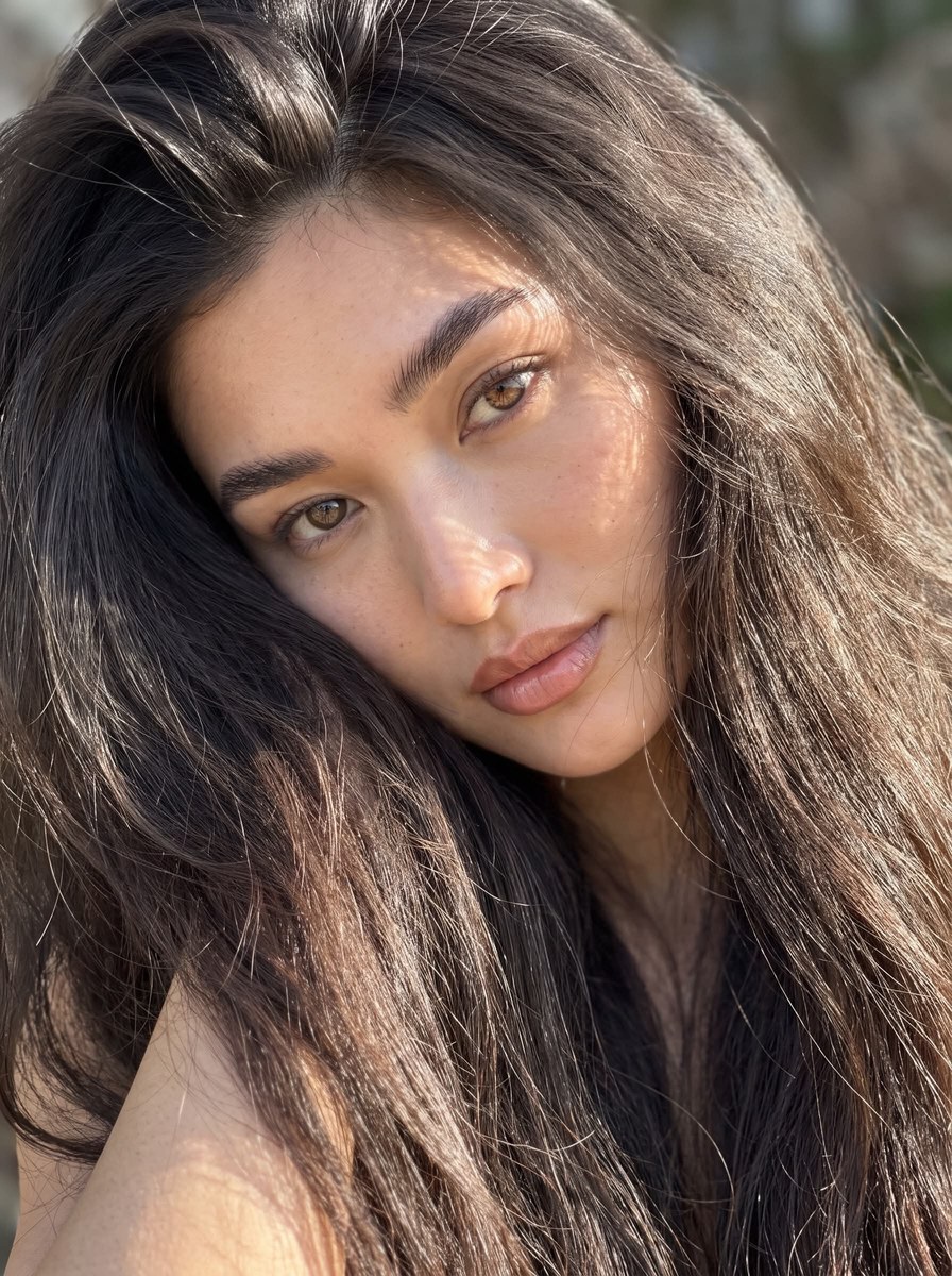 Photorealistic Portrait with Windblown Dark Hair output 2