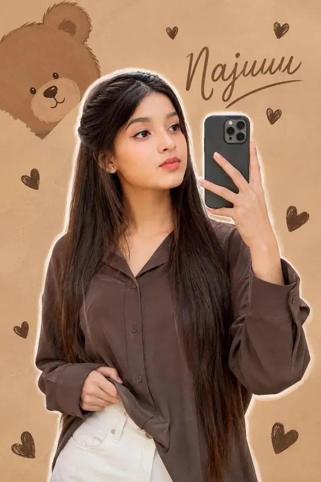Warm Brown Mirror Selfie with Teddy Bear and Hearts