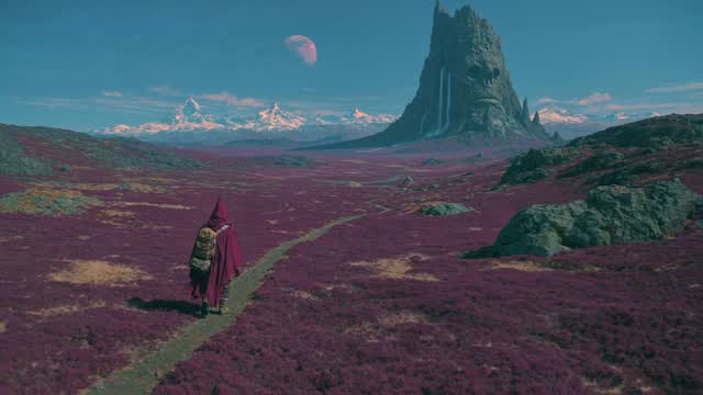 Cloaked Traveler Approaching a Skull-Shaped Mountain