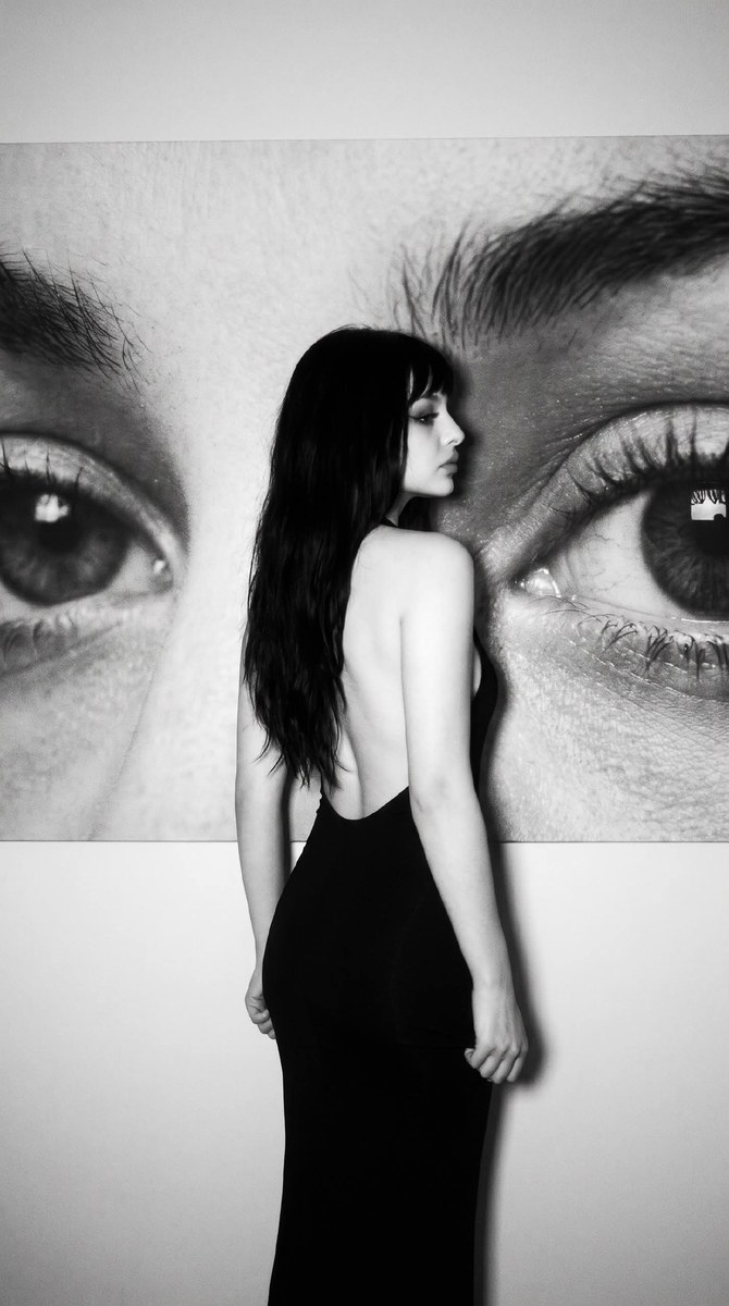 Surreal Black-and-White Fashion Portrait with Giant Eyes