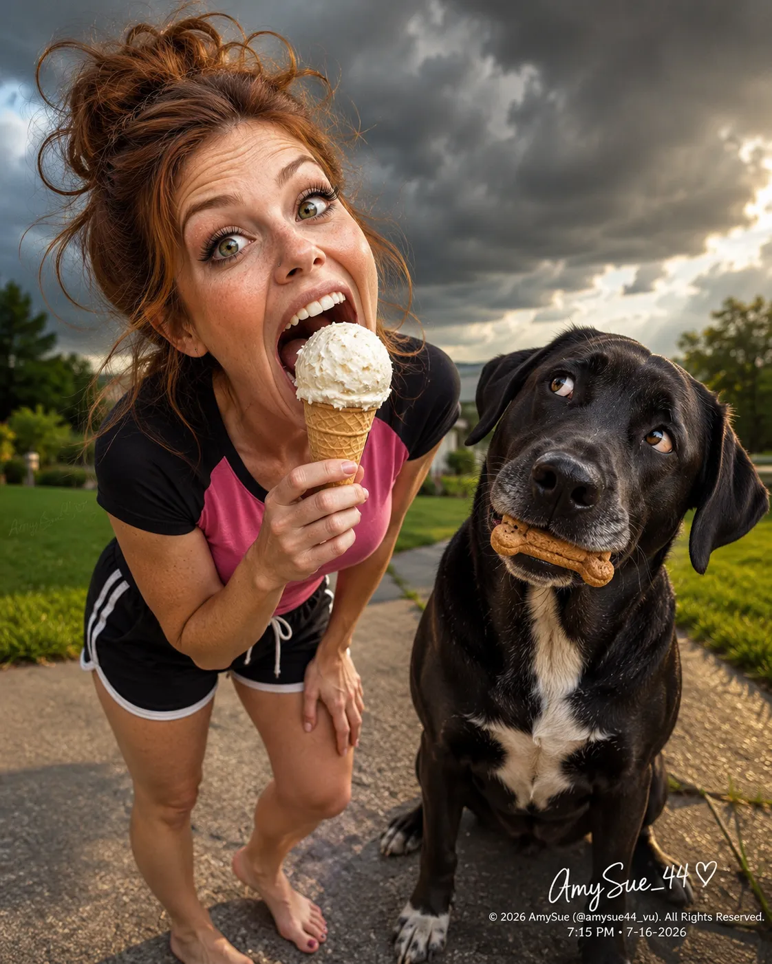 Photorealistic Storm-Front Ice Cream Caricature with Dog