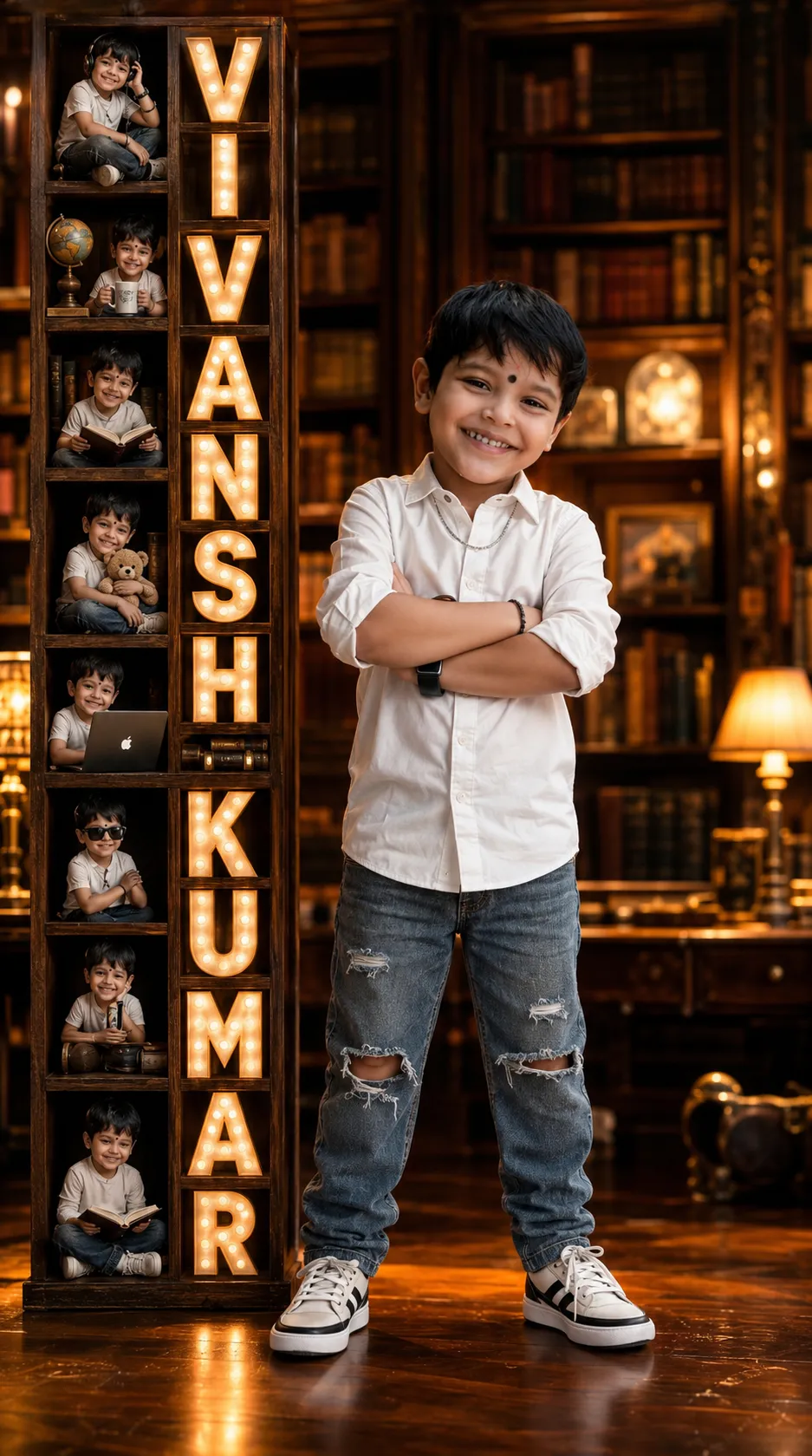 Child with Rose-Gold Marquee Letters in a Cozy Library