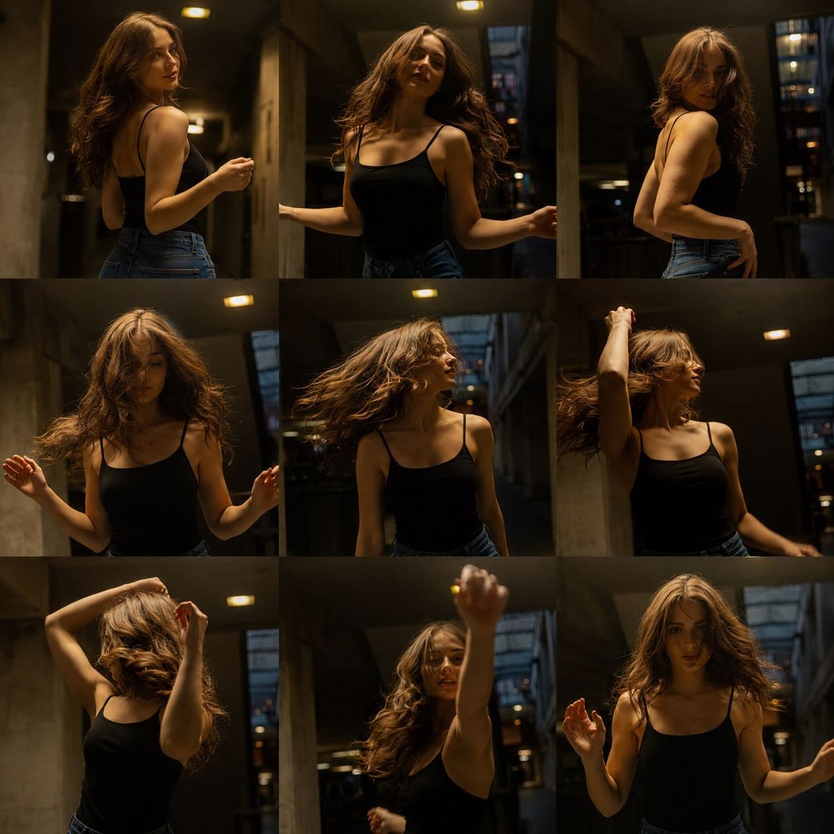 Cinematic 3×3 Nighttime Movement Collage output 1