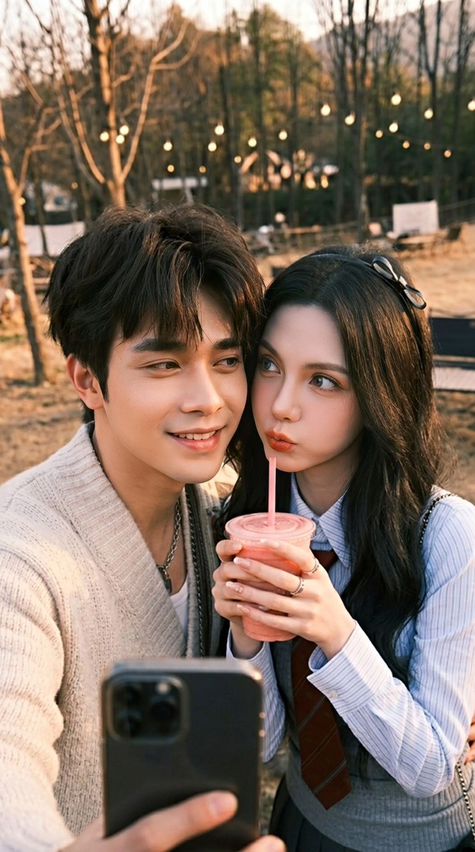 Golden-Hour Forest Café Couple Selfie output 6