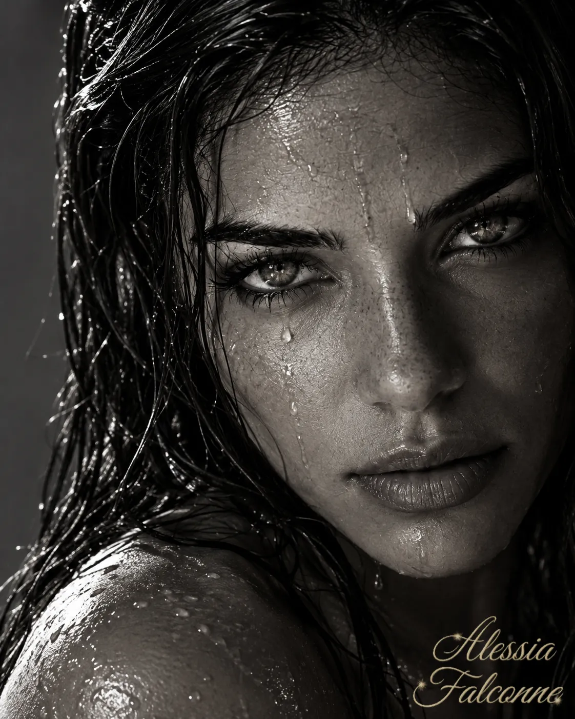 Dramatic Monochrome Wet-Hair Portrait