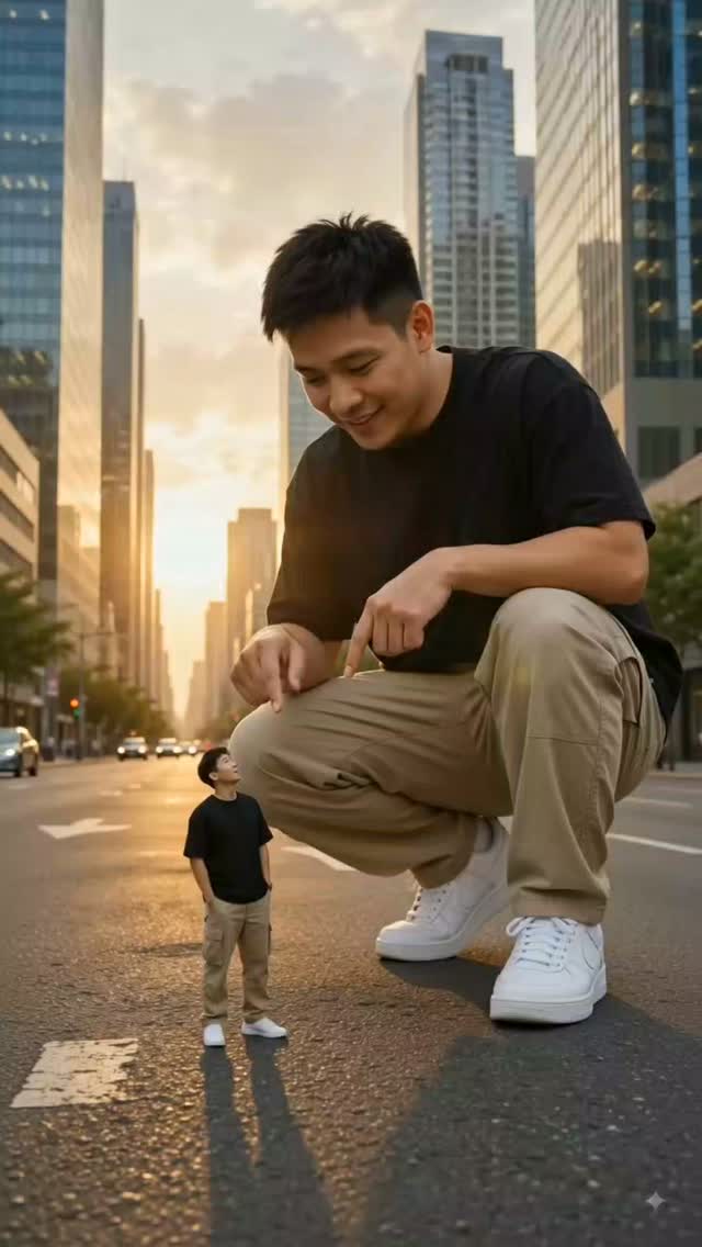 Giant and Miniature Self in a City Street