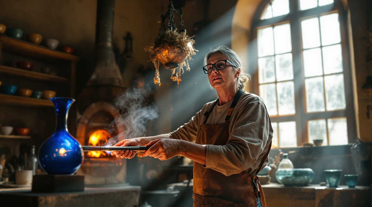 Glassblower Shaping a Cobalt Vase at Golden Hour