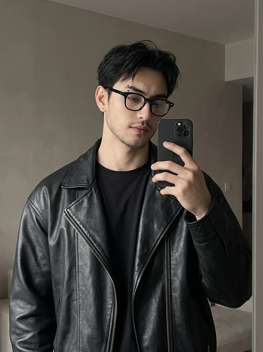 Minimalist Noir Black Leather Mirror Selfie