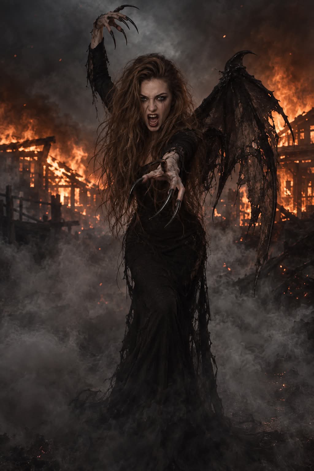 Demonic Woman Amid Burning Ruins
