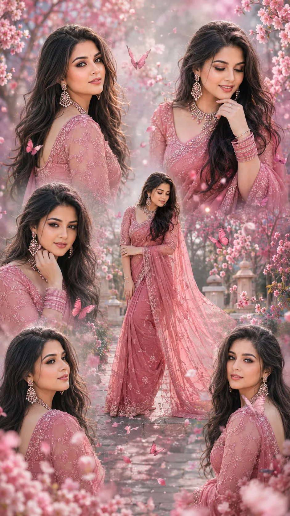Dreamy Pastel Cherry Blossom Saree Portrait Collage