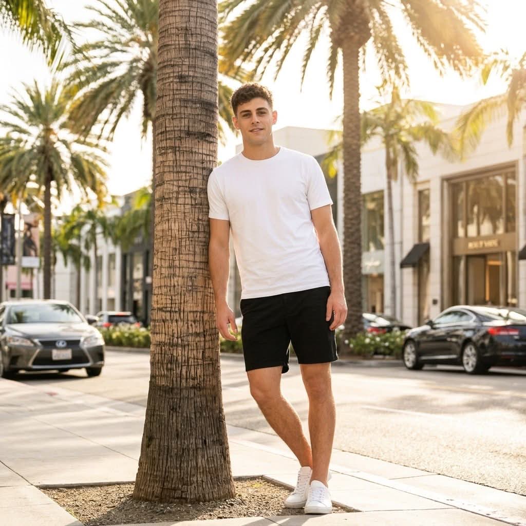 Person Leaning Against a Palm Tree in Beverly Hills
