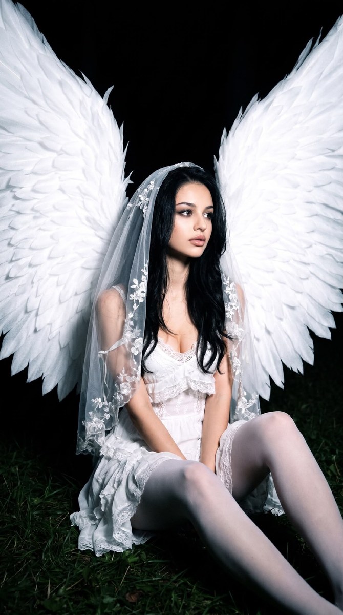 White Angel Portrait with Nighttime Digital-Camera Flash