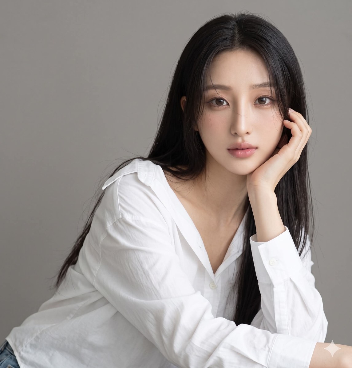Photorealistic White-Shirt Portrait on a Gray Background