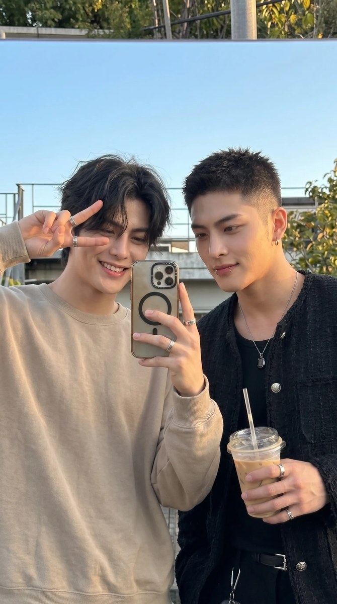 Golden-Hour Mirror Selfie of Two Young Men output 2