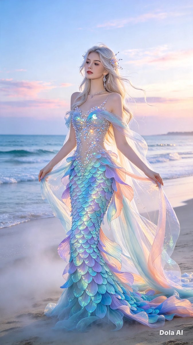 Mermaid-Inspired Gown on a Misty Beach output 2