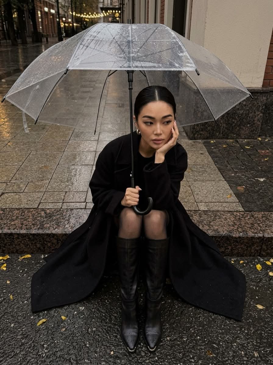 Rainy Evening Portrait Under a Clear Umbrella