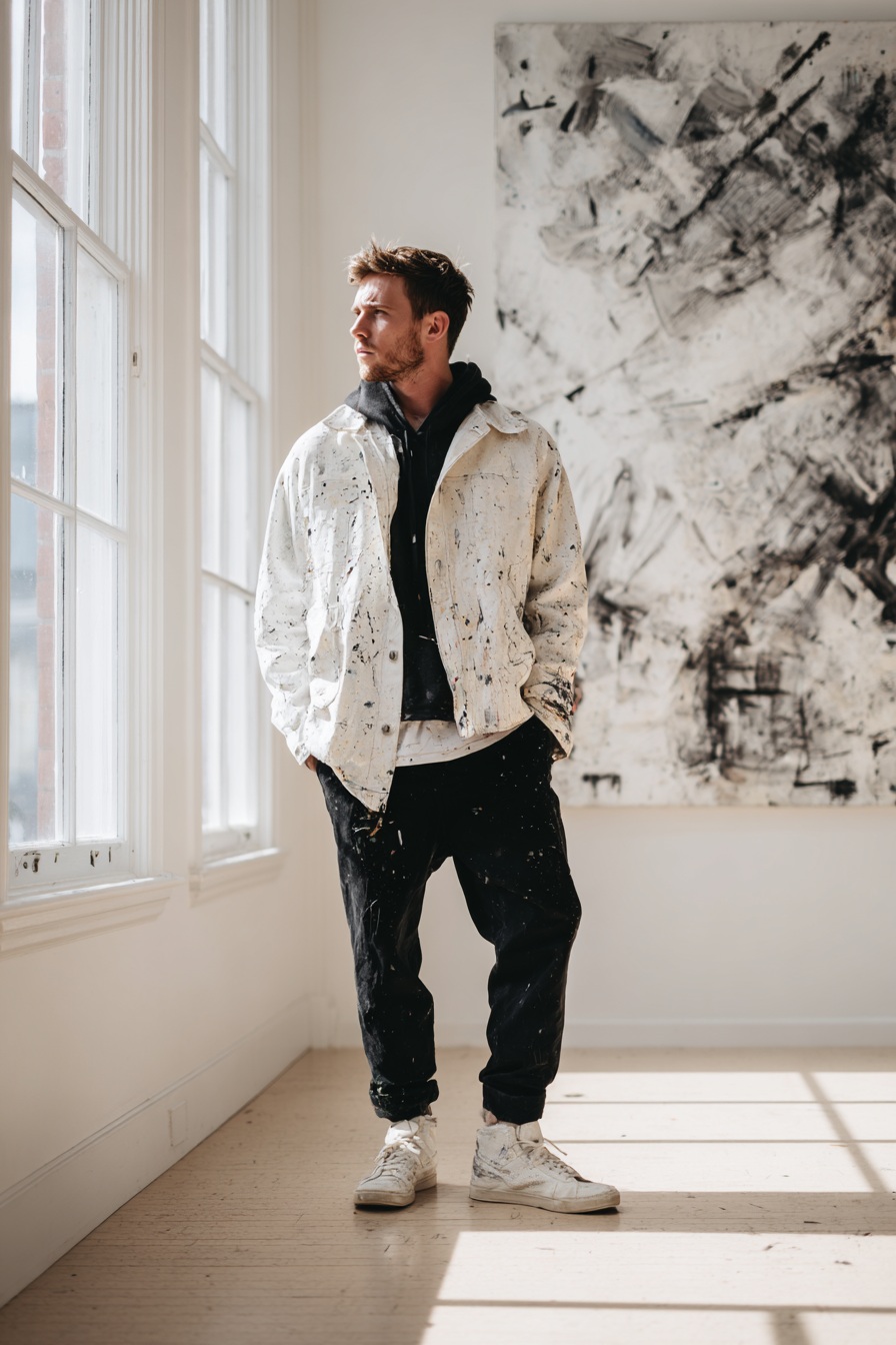 Male Model Contemplating Art in a Minimalist Gallery output 3