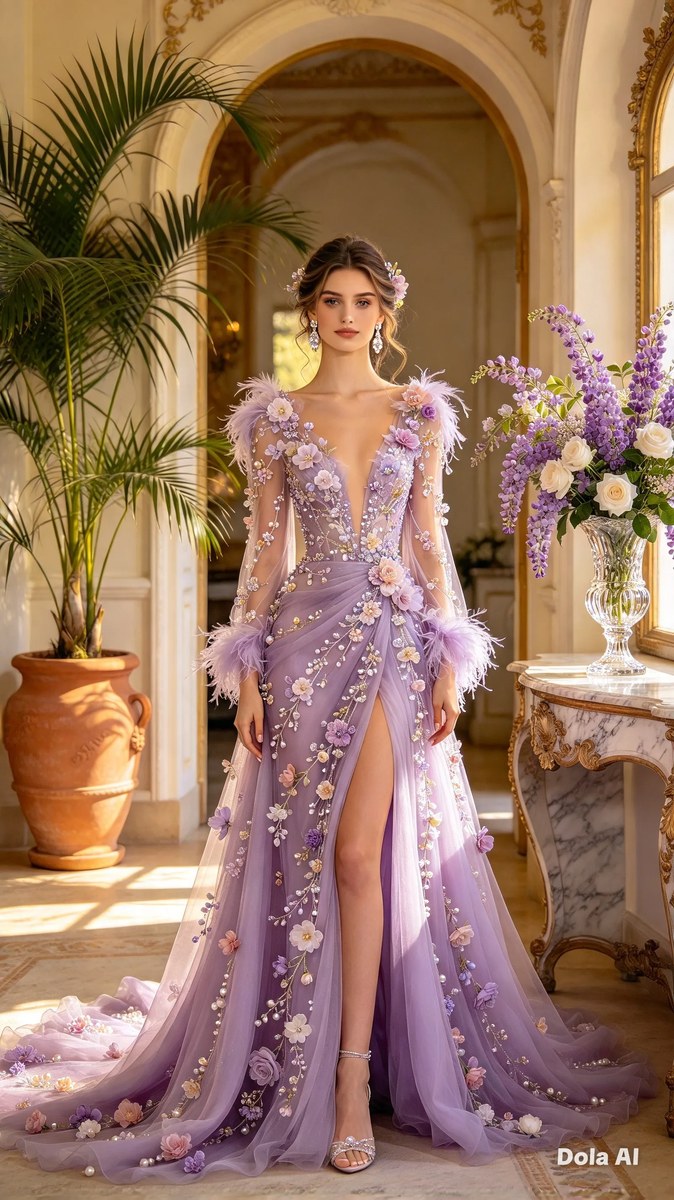 Photorealistic Lilac Gown in an Elegant Room