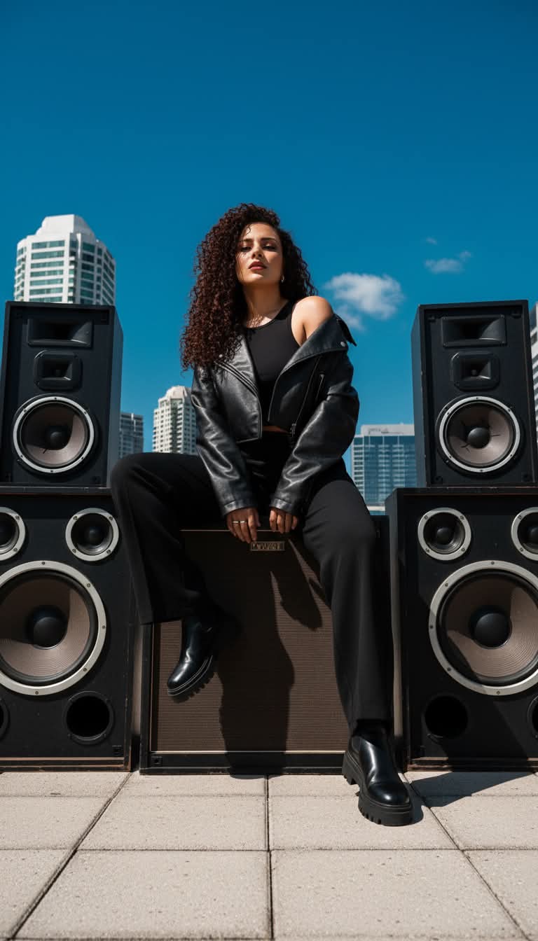 Urban Fashion Editorial Portrait with Vintage Speakers output 3