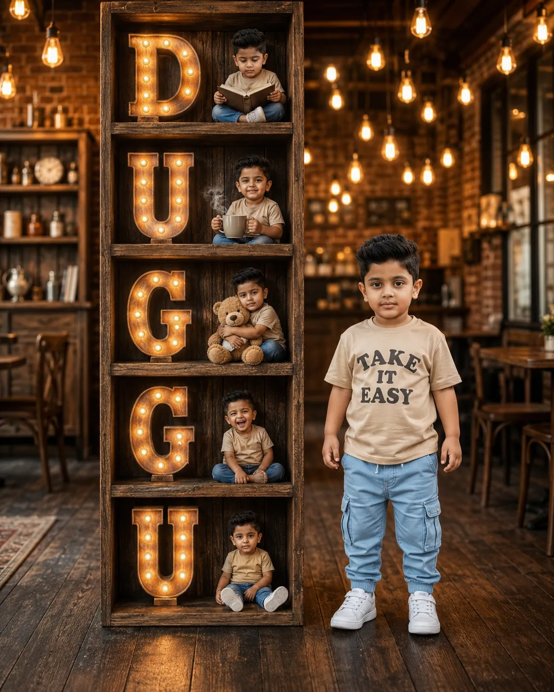 Child with Rose-Gold Marquee Letters in a Cozy Library output 2