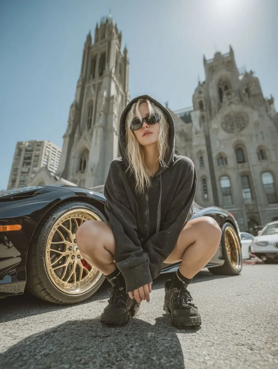 Low-Angle Fashion Editorial Beside a Ferrari output 2