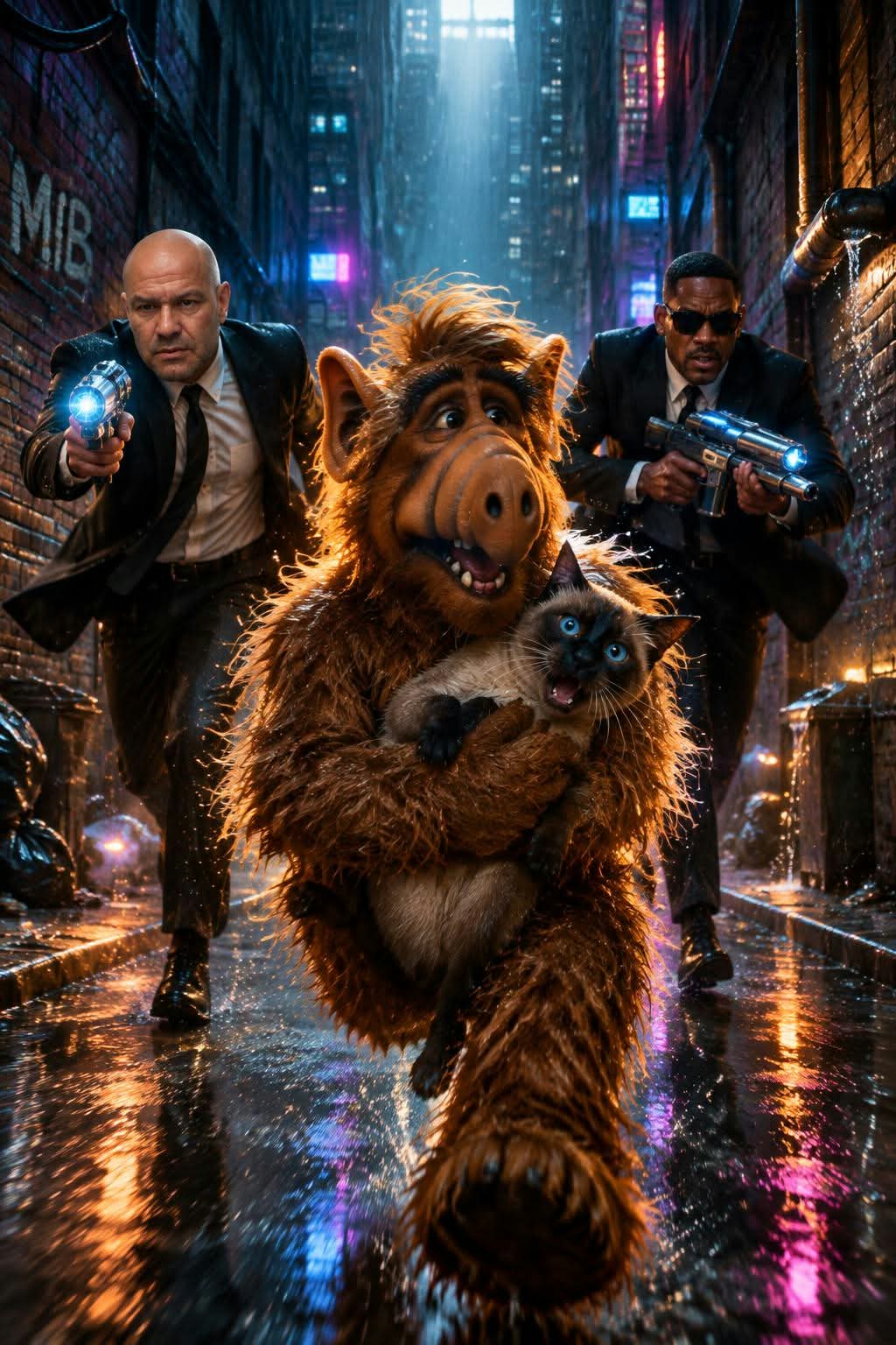 Cyber-Noir Men in Black Chase with ALF
