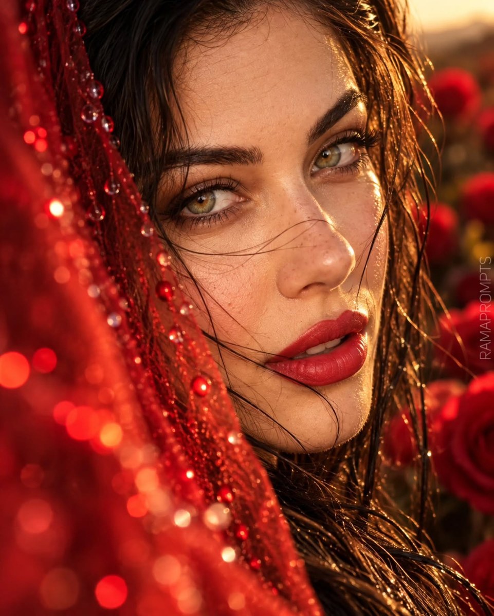 Photorealistic Portrait with a Red Glitter Veil
