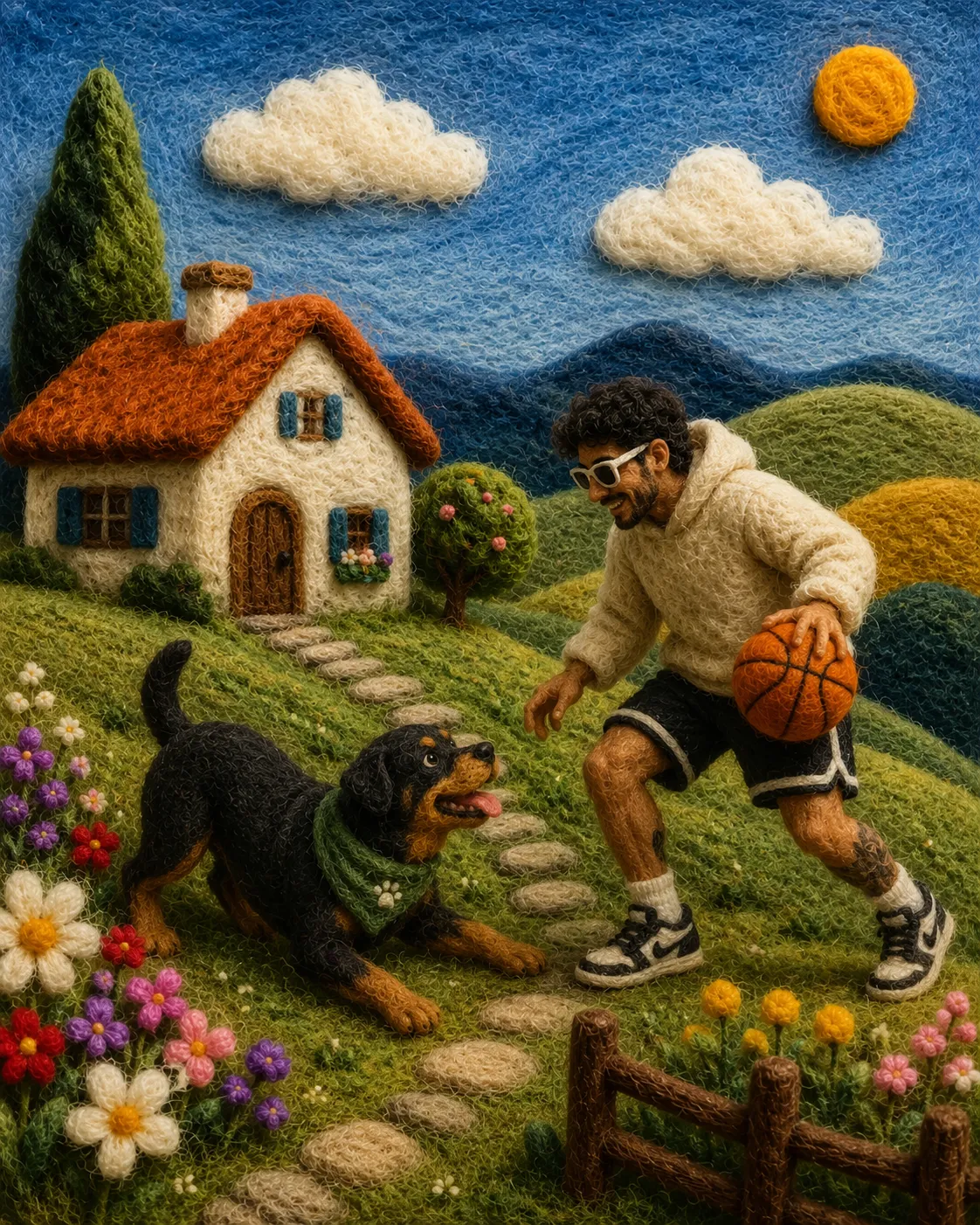 Joyful Needle-Felted Basketball Scene with a Rottweiler