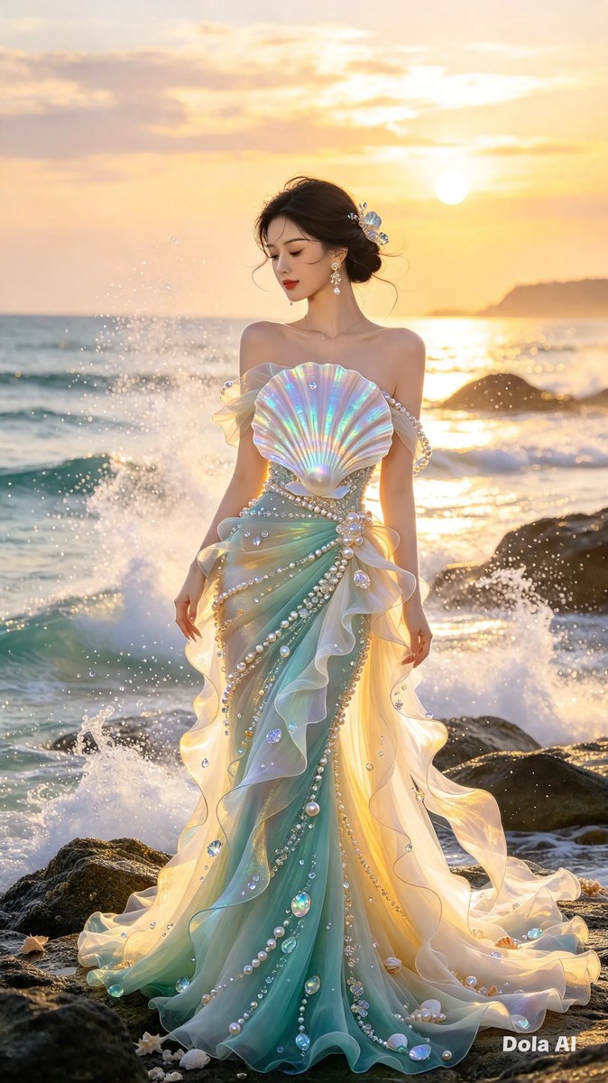 Pearl-and-Seashell Gown at Sunset
