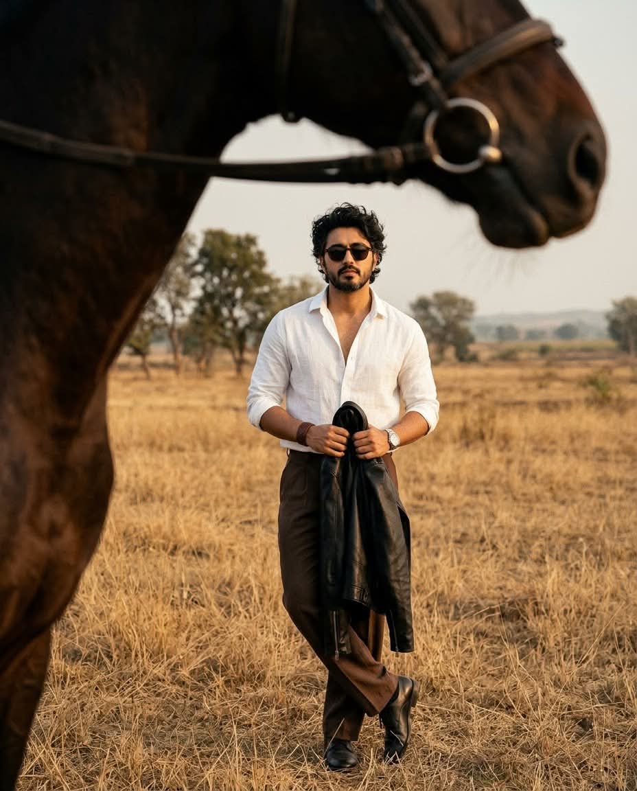 Golden-Field Fashion Portrait Framed by a Horse output 1