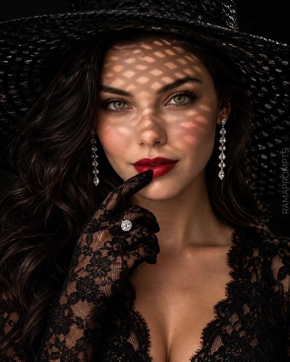 Dramatic High-Fashion Portrait with a Shadow-Patterned Hat output 1