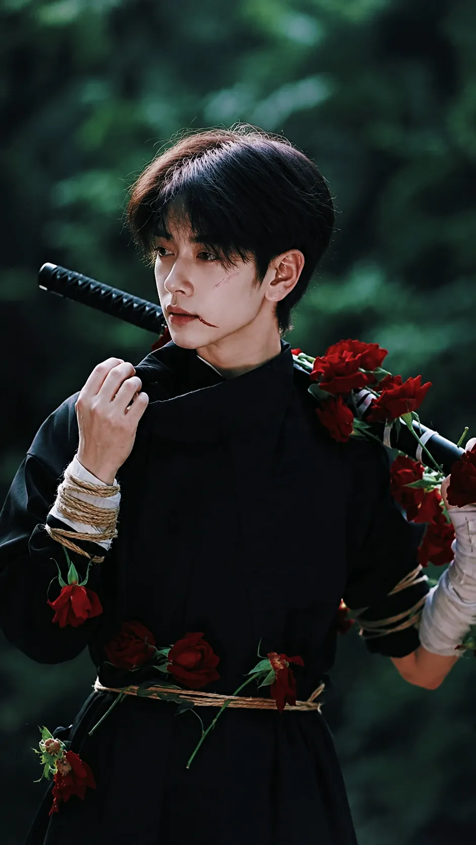 Cinematic Forest Portrait with a Katana and Crimson Roses output 2