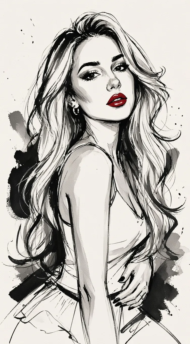 Expressive Ink Portrait with Selective Red Accents output 2