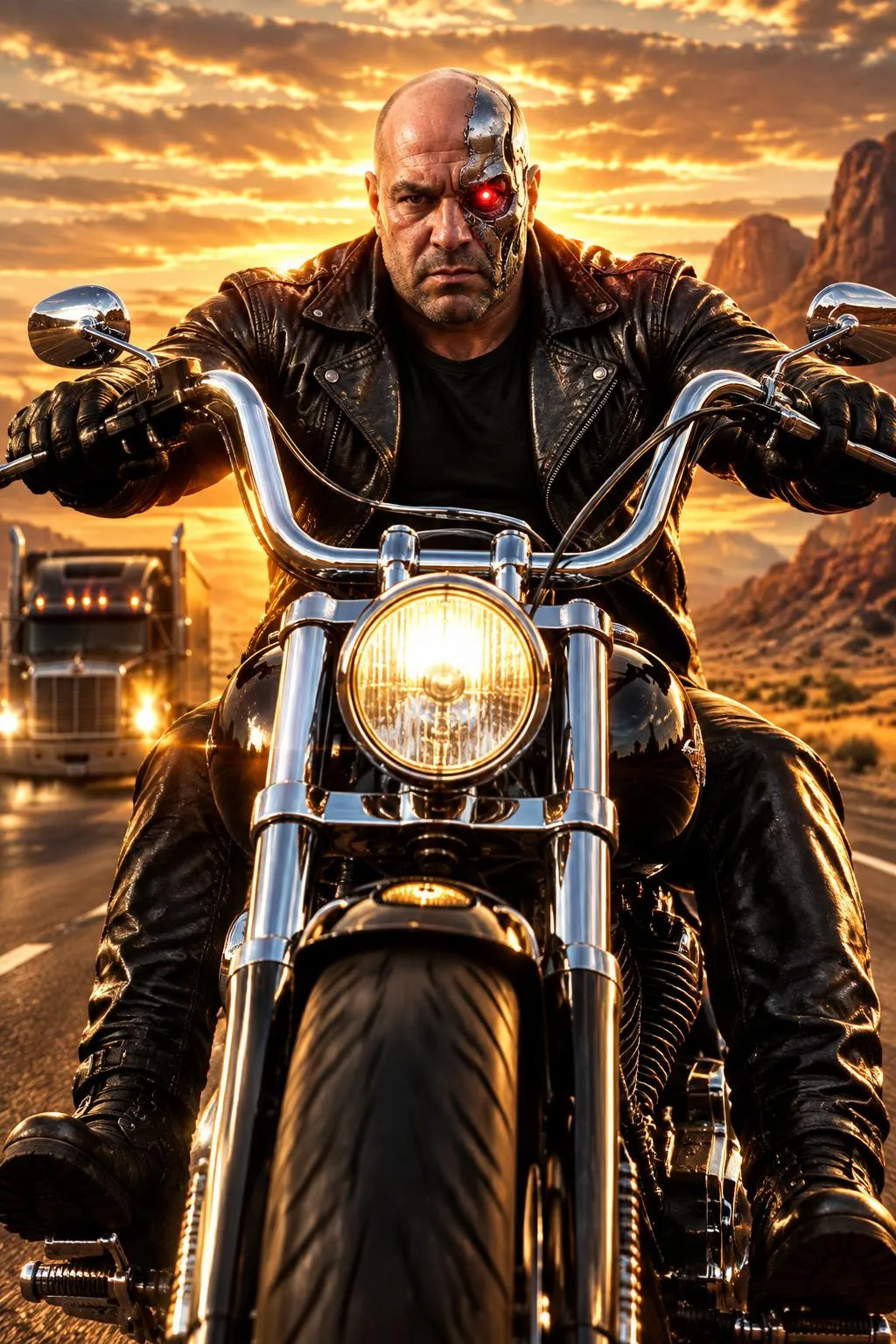 Cyborg Motorcyclist at Sunset output 1