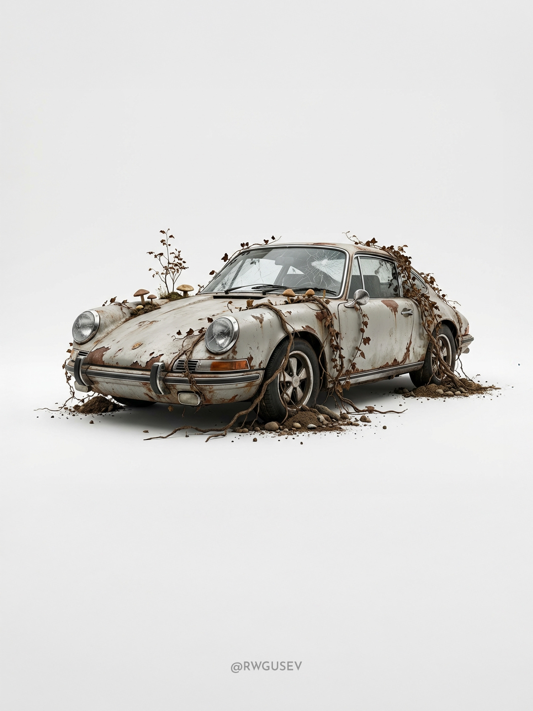 Nature Reclaims a Weathered Car — Hyperrealistic Poster output 4