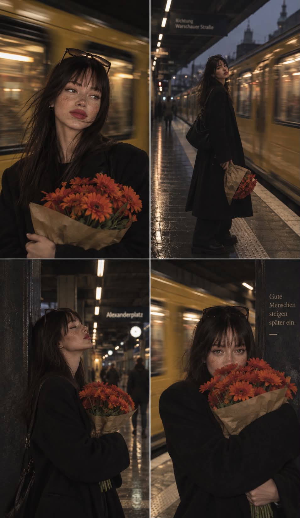 Woman on a Train Platform with Flowers output 2