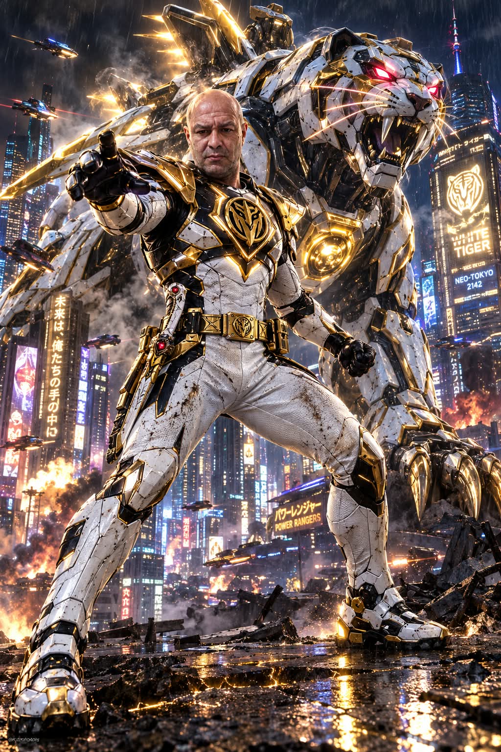 Cyberpunk White Ranger and White Tigerzord output 1