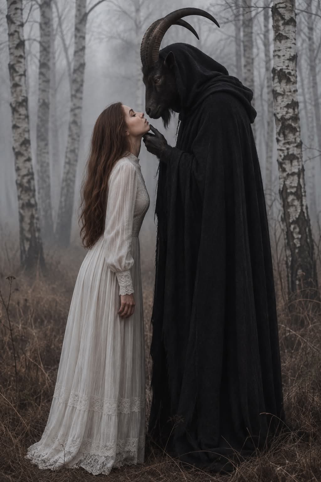 Woman and Horned Creature in a Foggy Birch Grove
