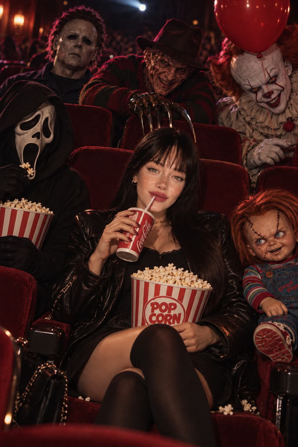 Cinematic Halloween Movie-Theater Scene with Horror Villains output 1