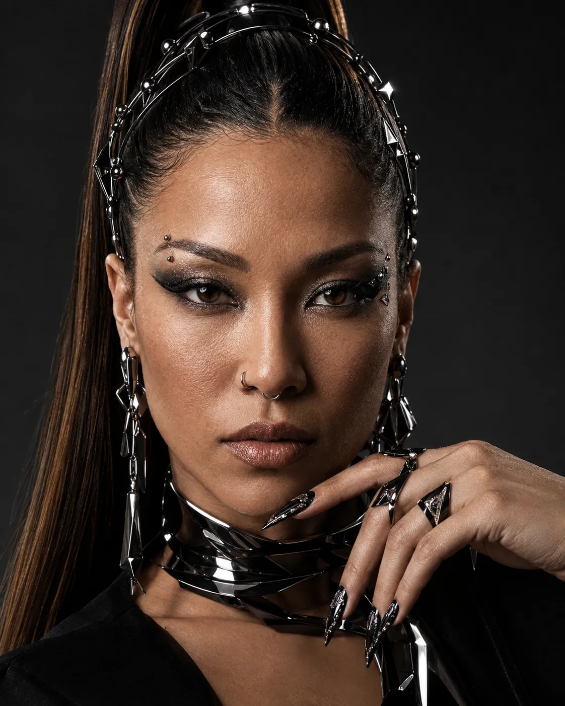 Black Chrome Empress: Futuristic Haute-Jewelry Portrait output 2