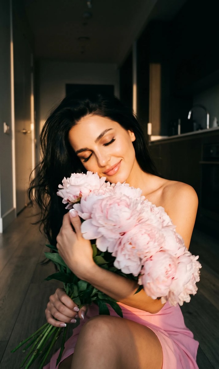 Photorealistic Portrait with a Pink Rose Bouquet