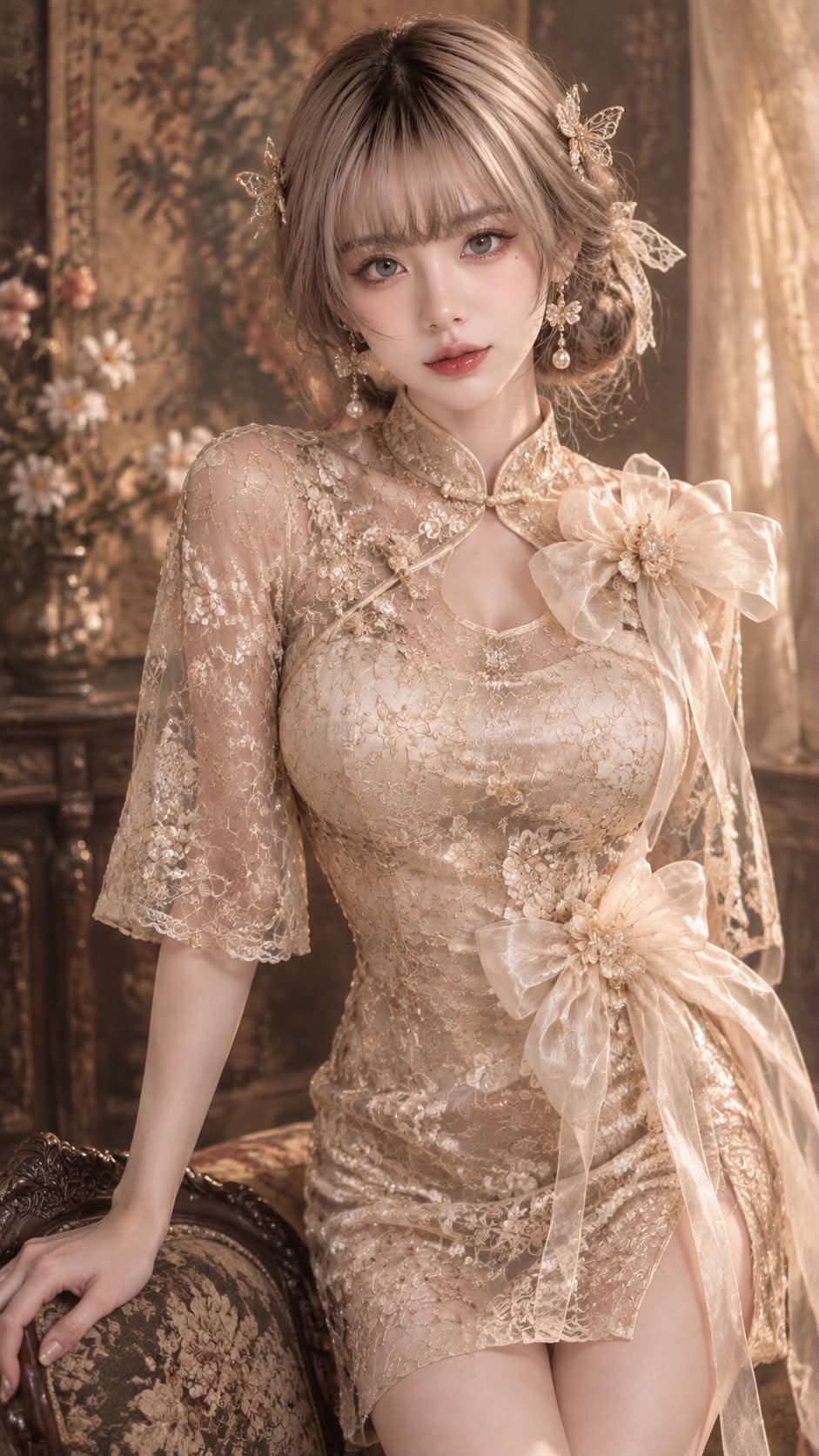 Champagne-Gold Qipao Retro Editorial Portrait output 2