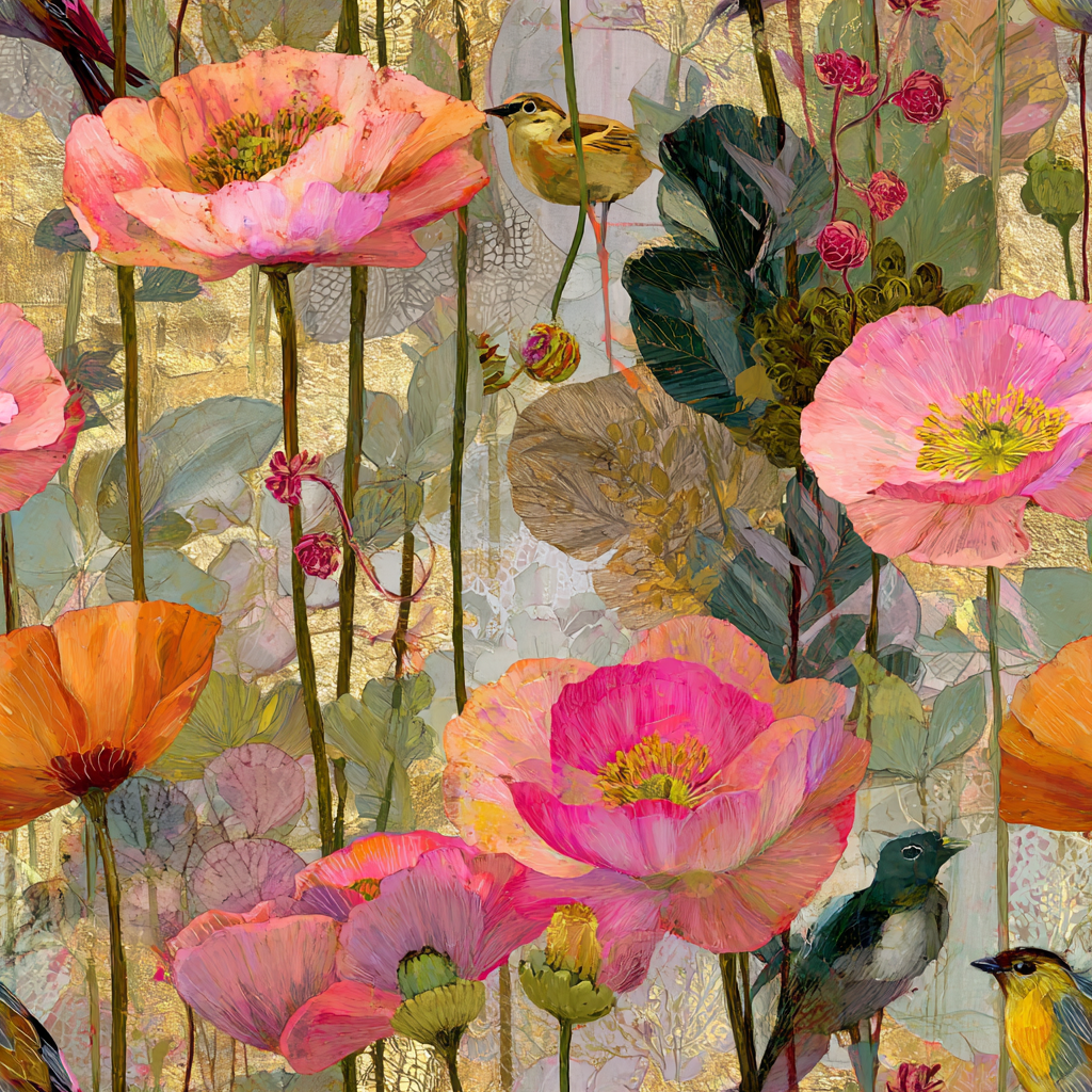 Whimsical Poppy Garden in Abstract Collage Style