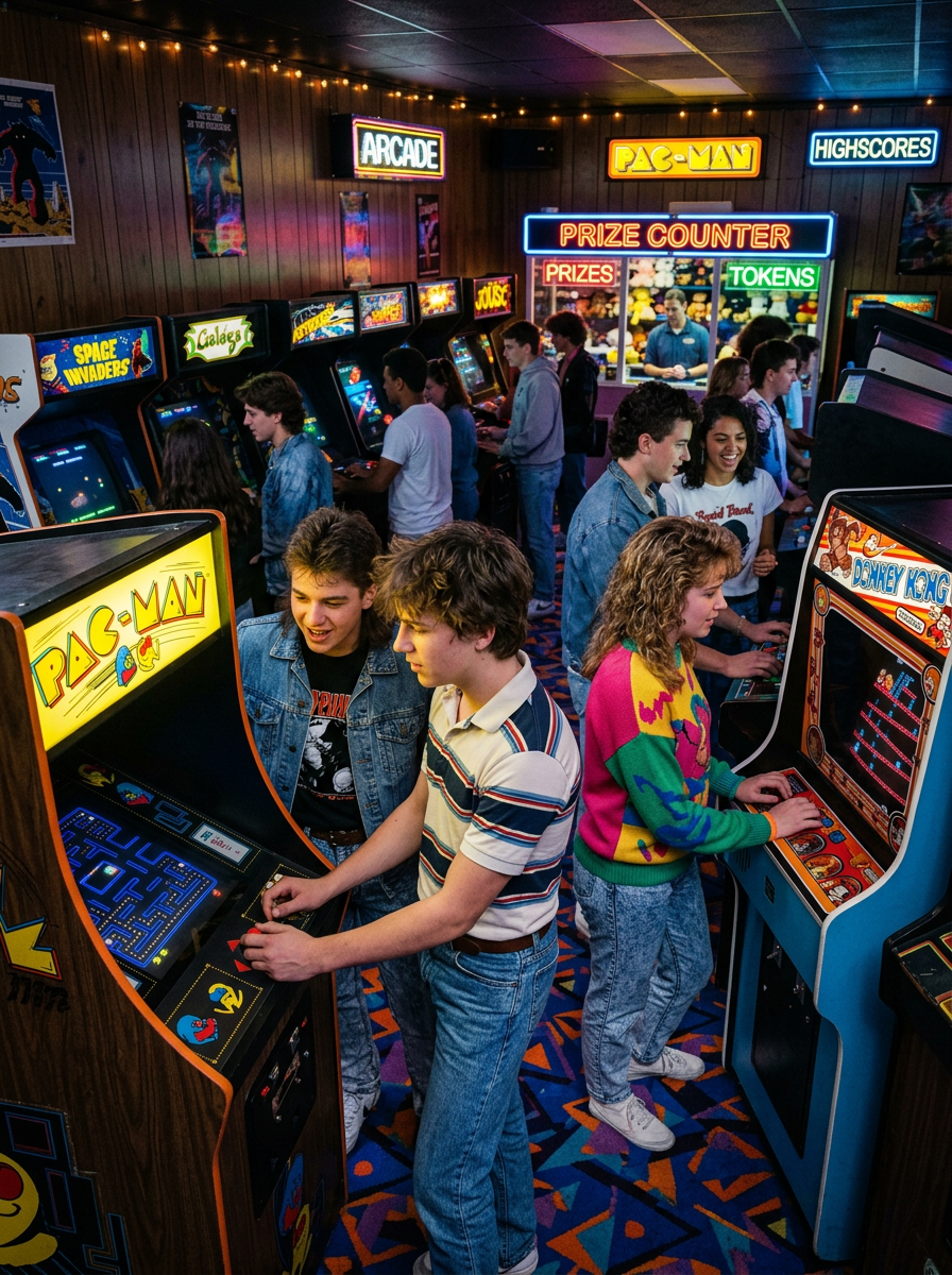 Vibrant 1980s Arcade Scene with Classic Games