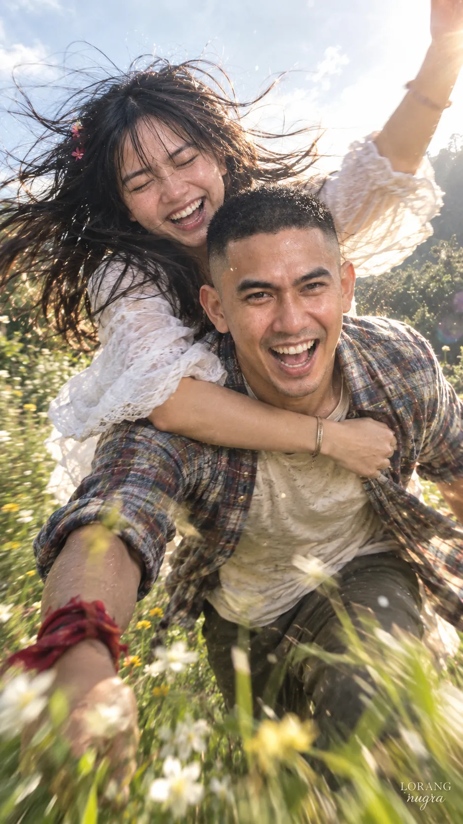 Laughing Couple Piggyback in a Wildflower Meadow