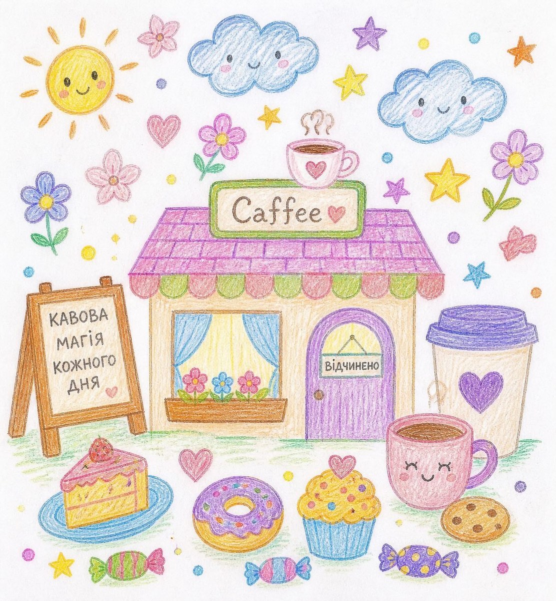 Cute Childlike Colored-Pencil Illustration