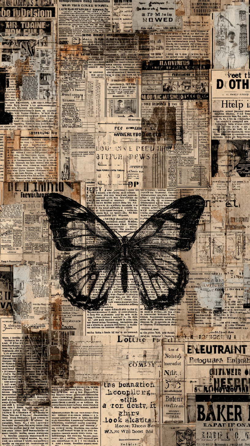 Sepia Newspaper Collage with Butterfly Illustration