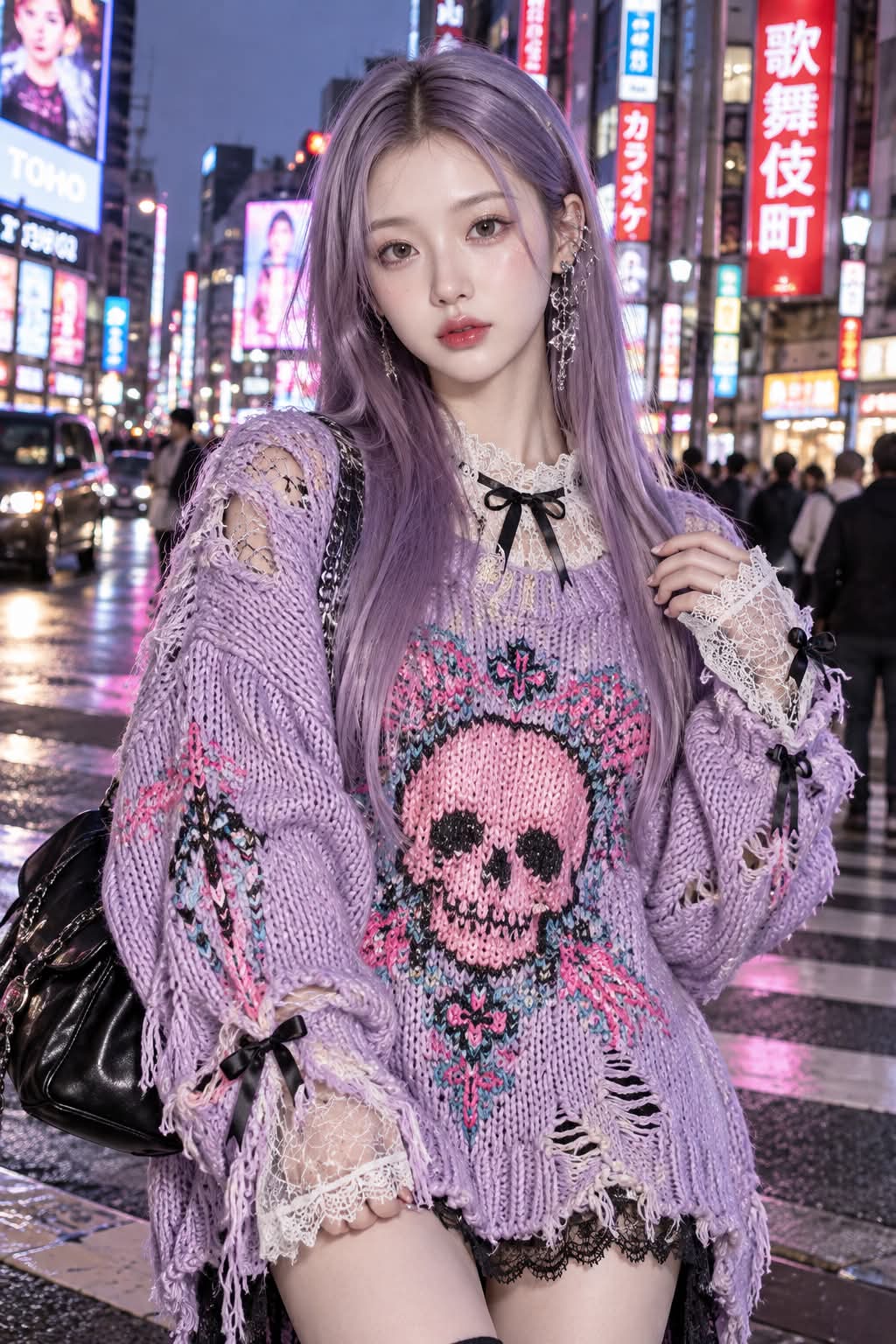 Pastel Lilac Skull-Embroidered Shinjuku Street Portrait